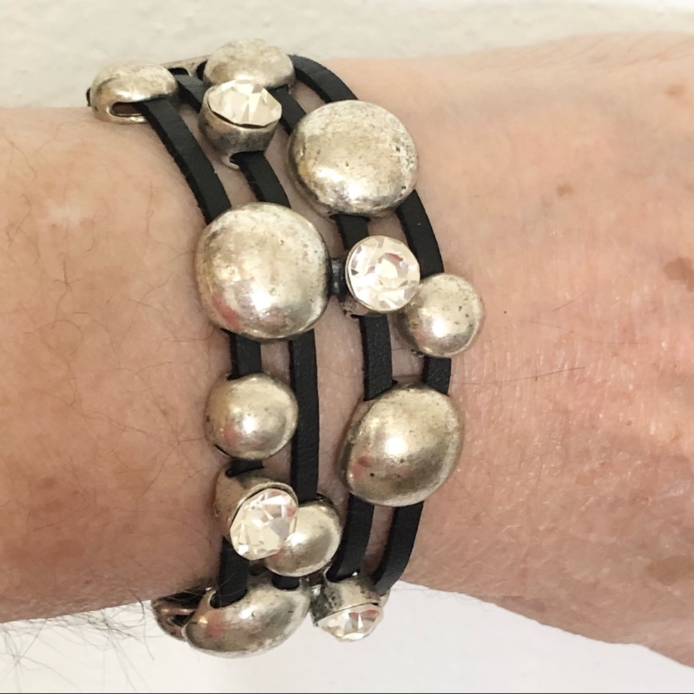 Viktoria Hayman Sterling Silver Half Balls Real Crystal Black Leather Bracelet